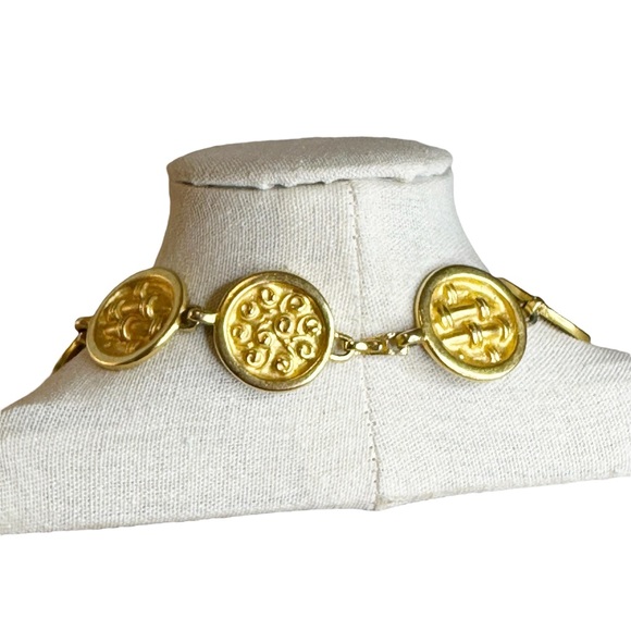 Vintage 80s Gaudy Engraved Disk Matte Gold Tone Statement Necklace Avant Garde - Picture 5 of 6